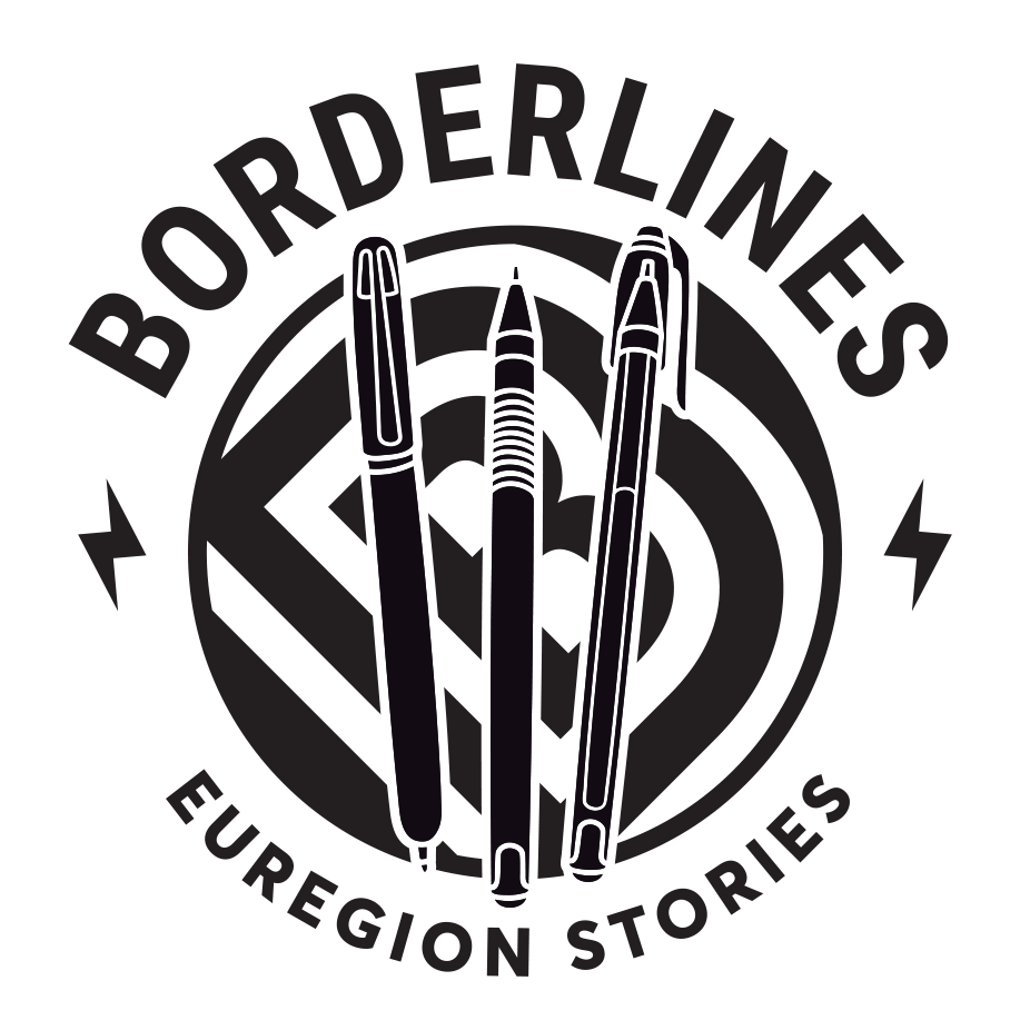 Logo Borderlines, schwarze Schrift auf weißem Grund kreisförmig angeordnet, Borderlines Euregion Stories, in der Mitte ein Kreis mit einem B und drei Stiften