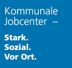 Schriftzug Kommunale Jobcenter- Stark. Sozial. Vor Ort. Weiße Schrift auf königsblauem Grund