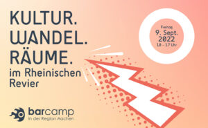 Orangefarbener Hintergrund. Davor der Schriftzug der Kulturkonferenz als Barcamp der Region Aachen. In einem hellen Kreis stehen die genauen Zeiten.