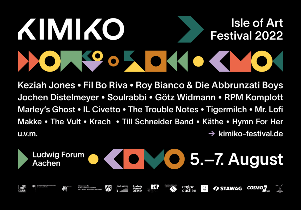 Flyer zum Kimiko Isle of Art Festival 2022. Schwarzer Hintergrund mit weißer Schrift, Auflistung der Künstler*innen