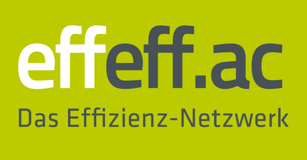 Grüner Hintergrund, weiße und schwarze Schrift: effeff.ac – Das Effizienz-Netzwerk.