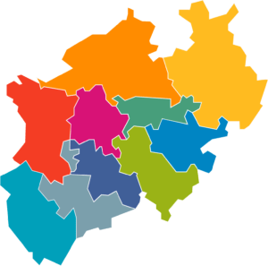 Karte von NRW, Kulturregionen in verschiedenen Farben gefärbt