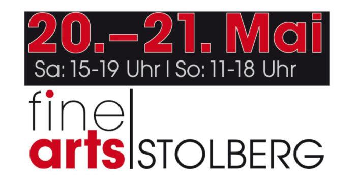 Logo, rot auf schwarzem Grund 20.-21. Mai, weiß auf schwarz Sa. 15 -19 Uhr So 11-18 Uhr, schwarz und rot auf weiß fine arts Stolberg