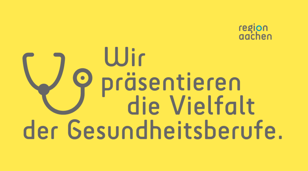 Schriftzug Wir präsentieren die Vielfalt der Gesundheitsberufe auf gelben Hintergrund und einem Stethoskop als Icon.